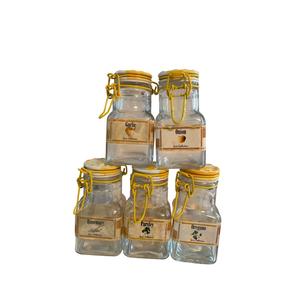 Vintage Spice Collection Glass Jars Set of 5 Yellow Bale Wire Lids Farmhouse